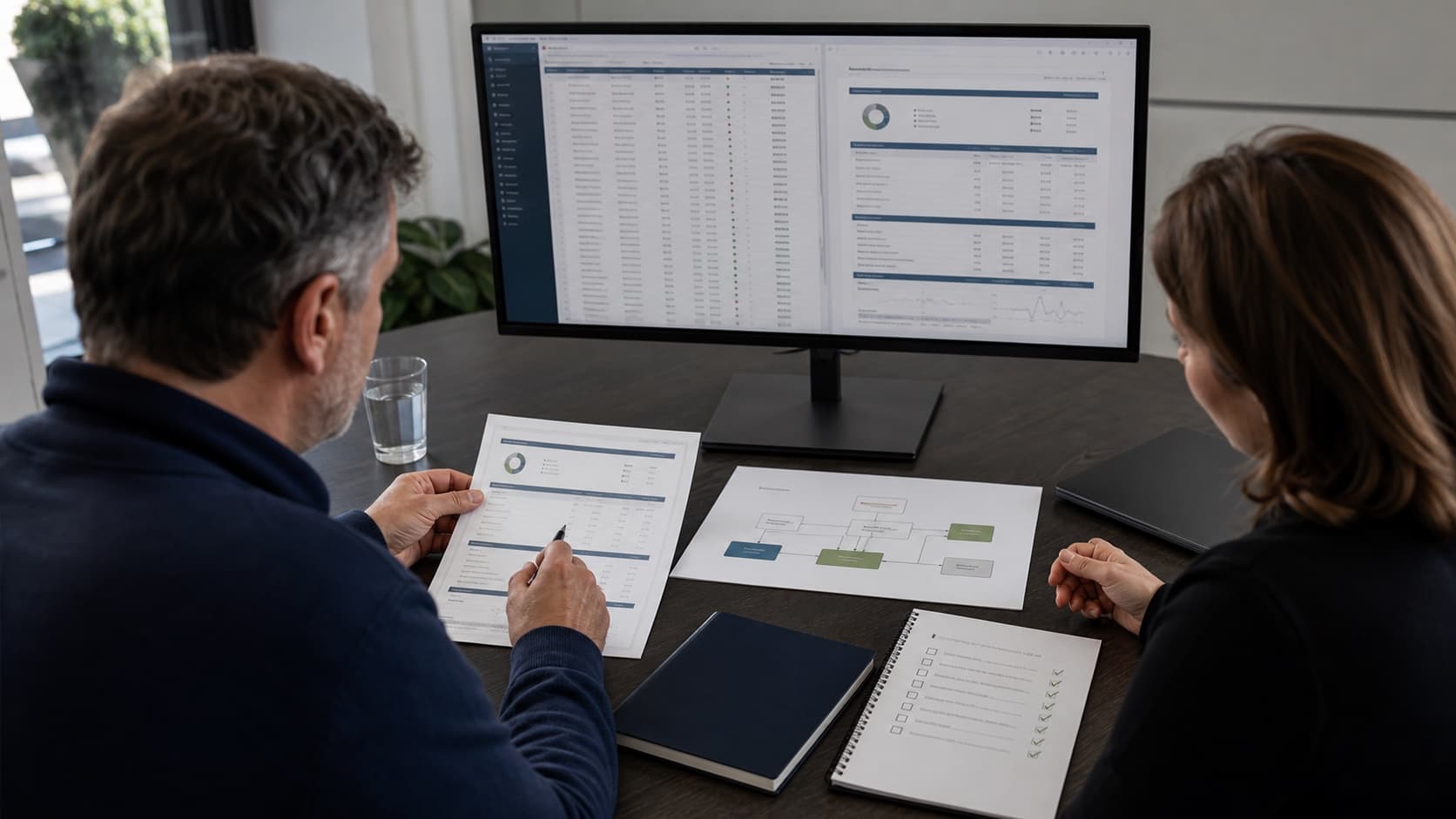 Investment technology consultants reviewing portfolio data and reporting requirements